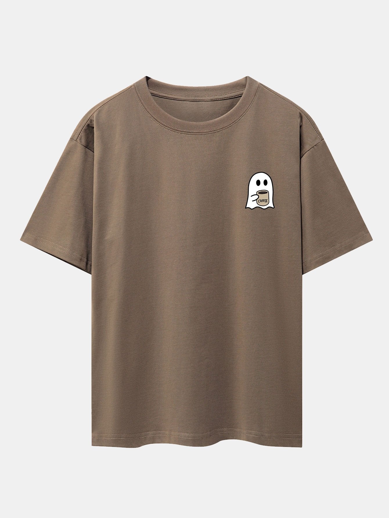 Ghost Drinking Coffee Print Drop Shoulder Oversize T-Shirt