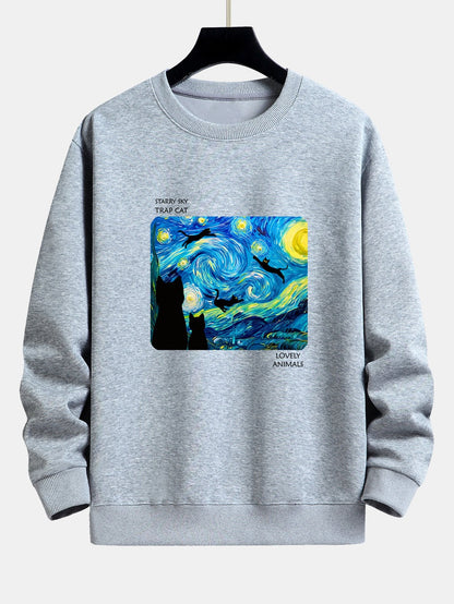 Starry Sky Cat Print Relax Fit Sweatshirt