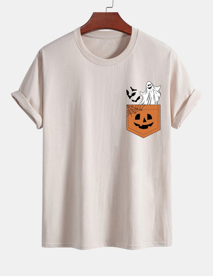 Regular Fit Pocket Pumpkin Ghost Print Cotton T-Shirt