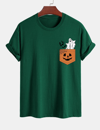 Regular Fit Pocket Pumpkin Ghost Print Cotton T-Shirt