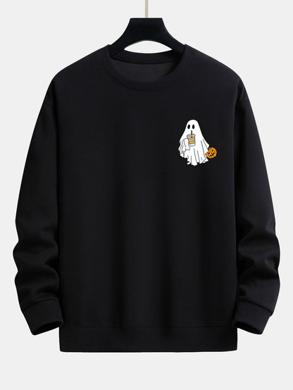 Pumpkin Ghost Drinking Milk Tea Print Relax Fit Sweatshirt