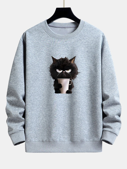 Black Cat Drinking Coffee Print Relax Fit Sweatshirt