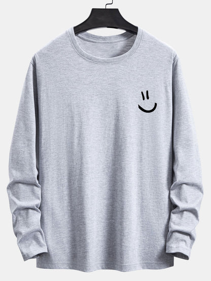 Long Sleeve Smiley Face Print Cotton T-Shirt