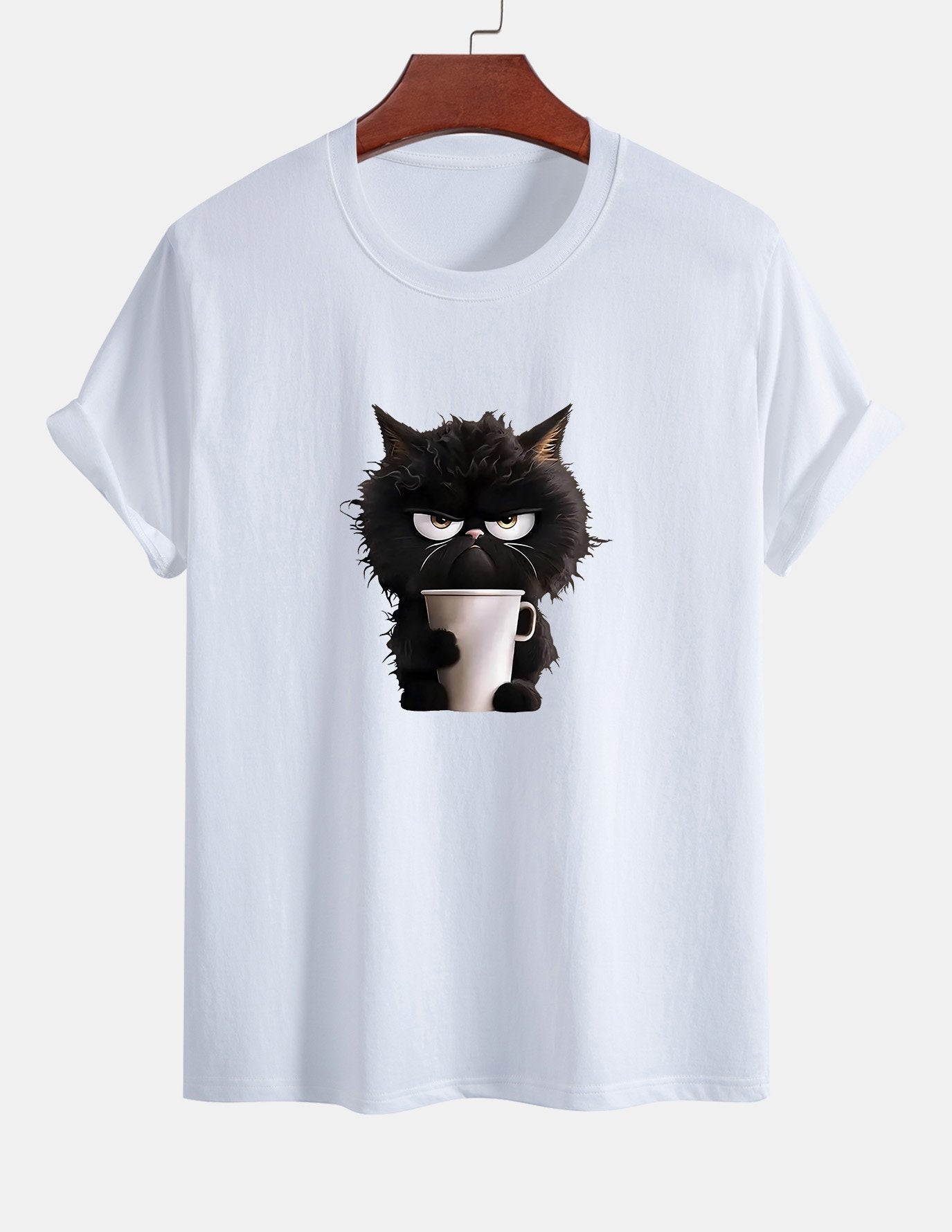 Regular Fit Black Cat Drinking Coffee Print Cotton T-Shirt