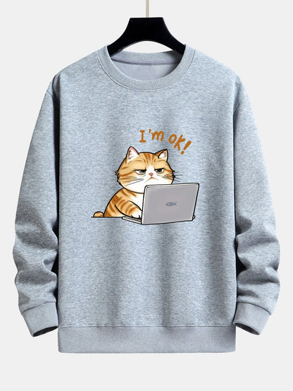 Tired Working Cat Print Relax Fit Sweatshirt