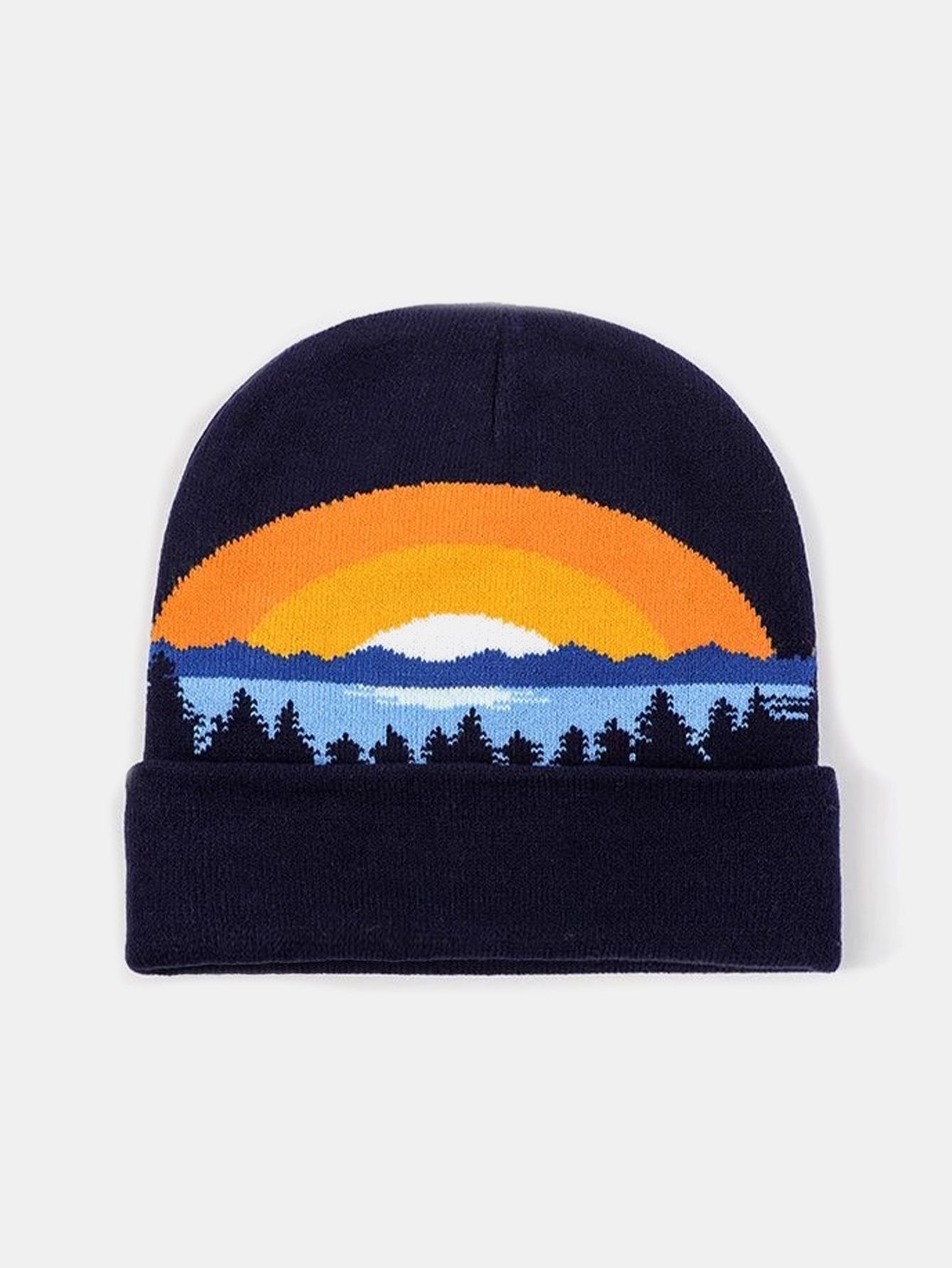 Sunset Forest Jacquard Pattern Curled Edge Warm Knitted Hat