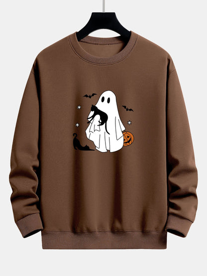 Halloween Ghost Black Cat Print Relax Fit Sweatshirt