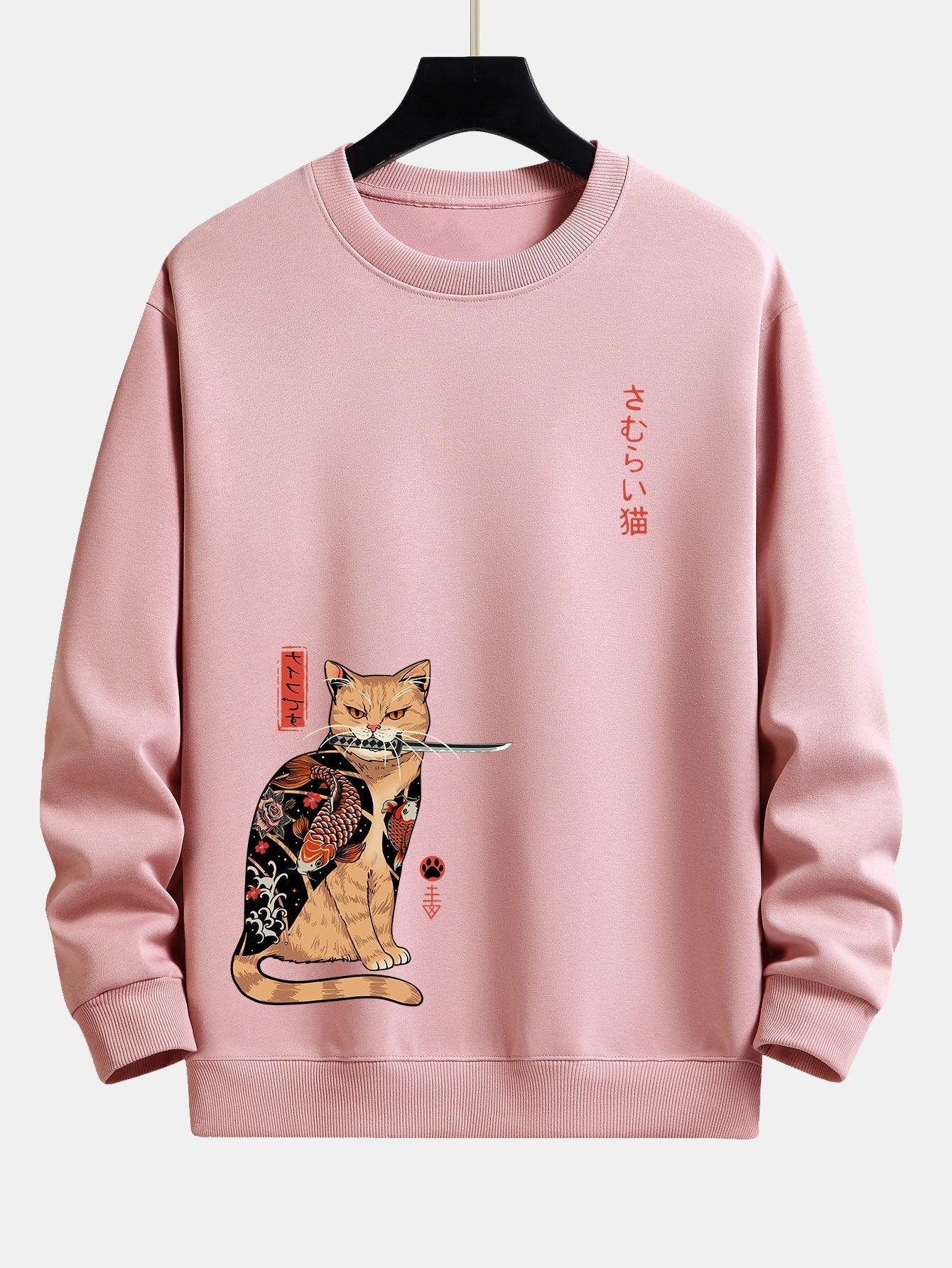 Japanese Samurai Cat Print Relax Fit Sweatshirt