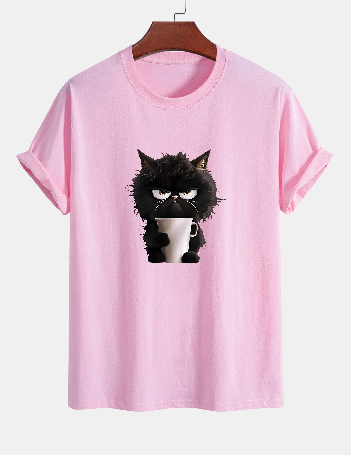 Regular Fit Black Cat Drinking Coffee Print Cotton T-Shirt