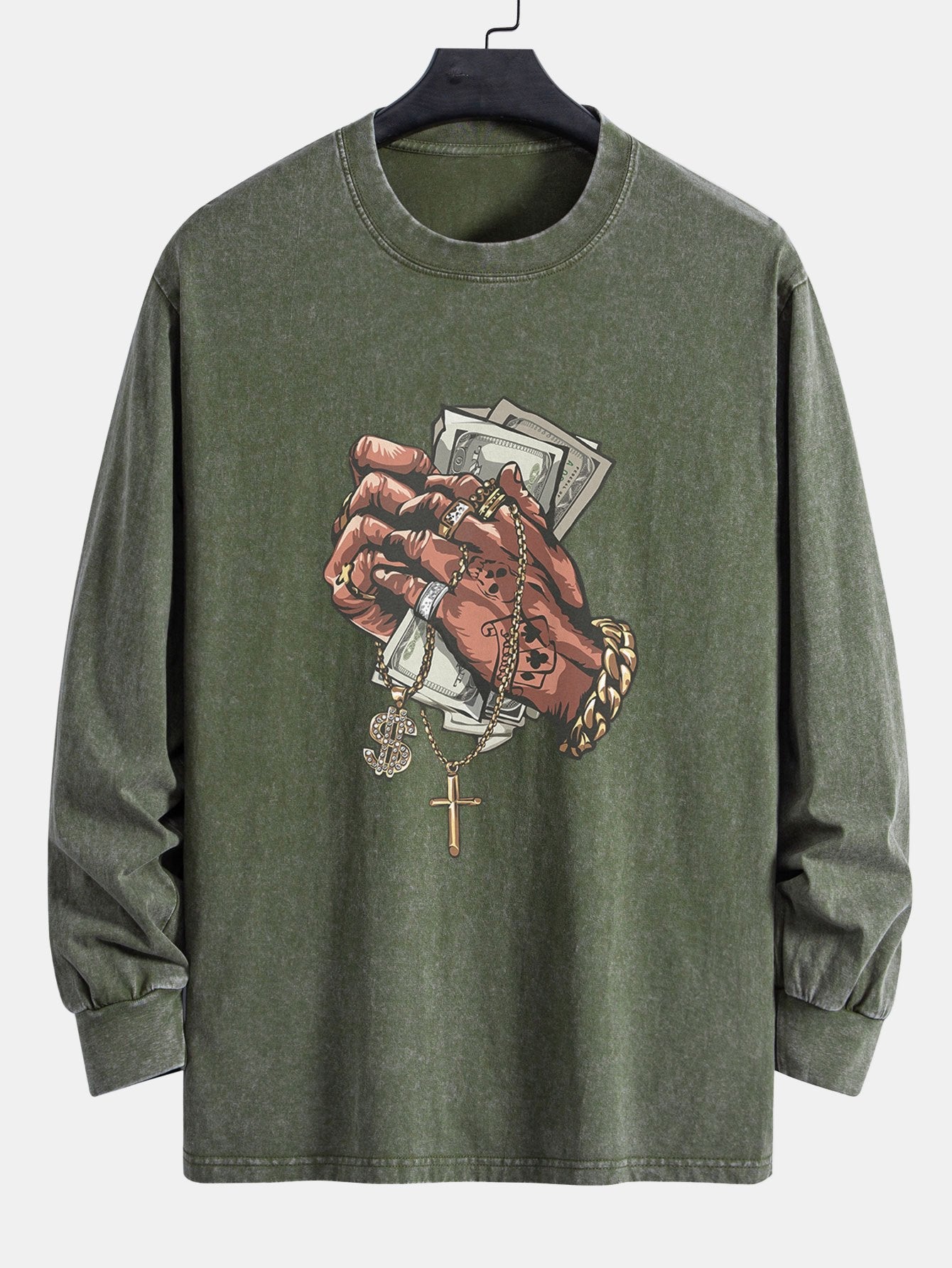 Hand Holding Cash Print Relax Fit Long Sleeve Washed Distressed T-Shirt