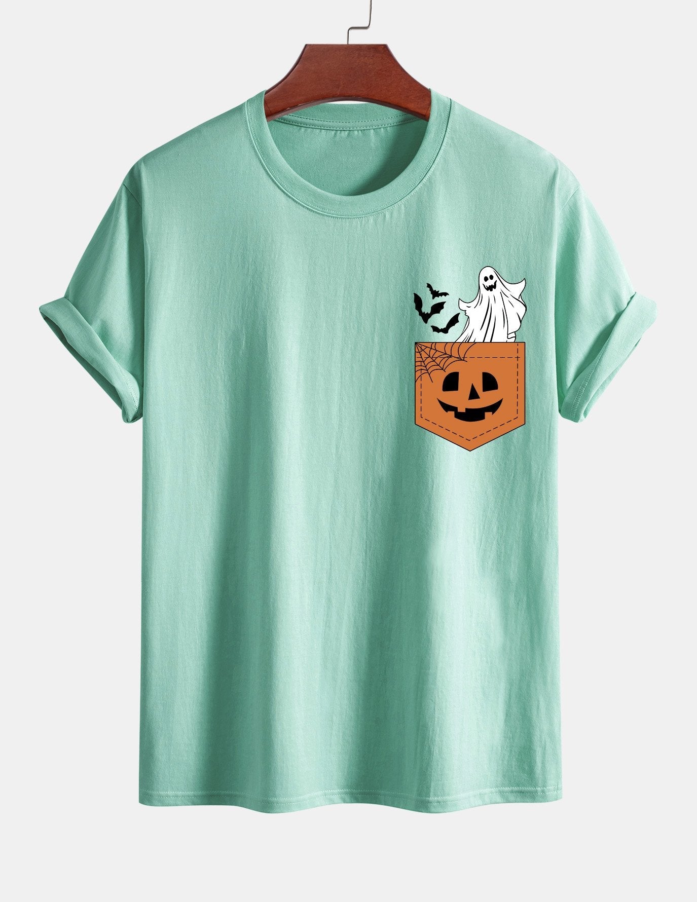 Regular Fit Pocket Pumpkin Ghost Print Cotton T-Shirt