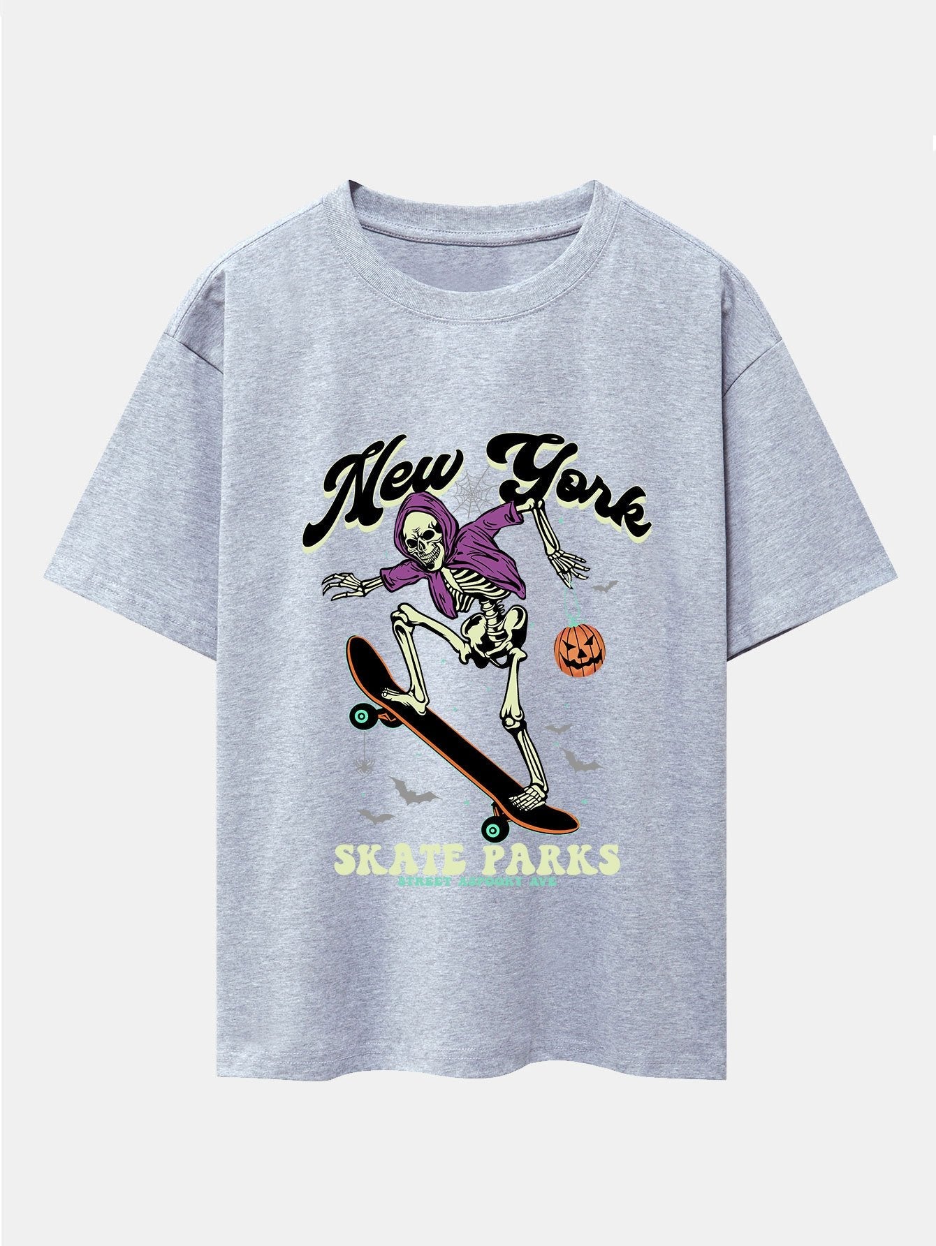 Halloween Skateboard Skeleton Print Drop Shoulder Oversize T-Shirt