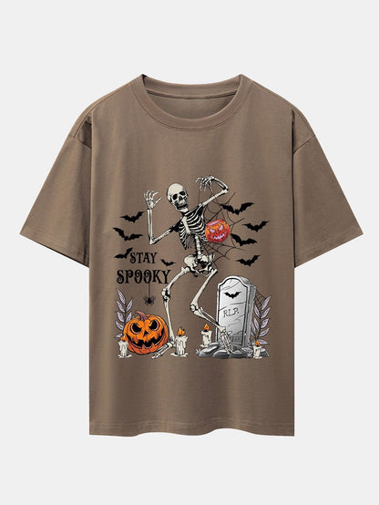 Halloween Skeleton Stay Spooky Print Drop Shoulder Oversize T-Shirt