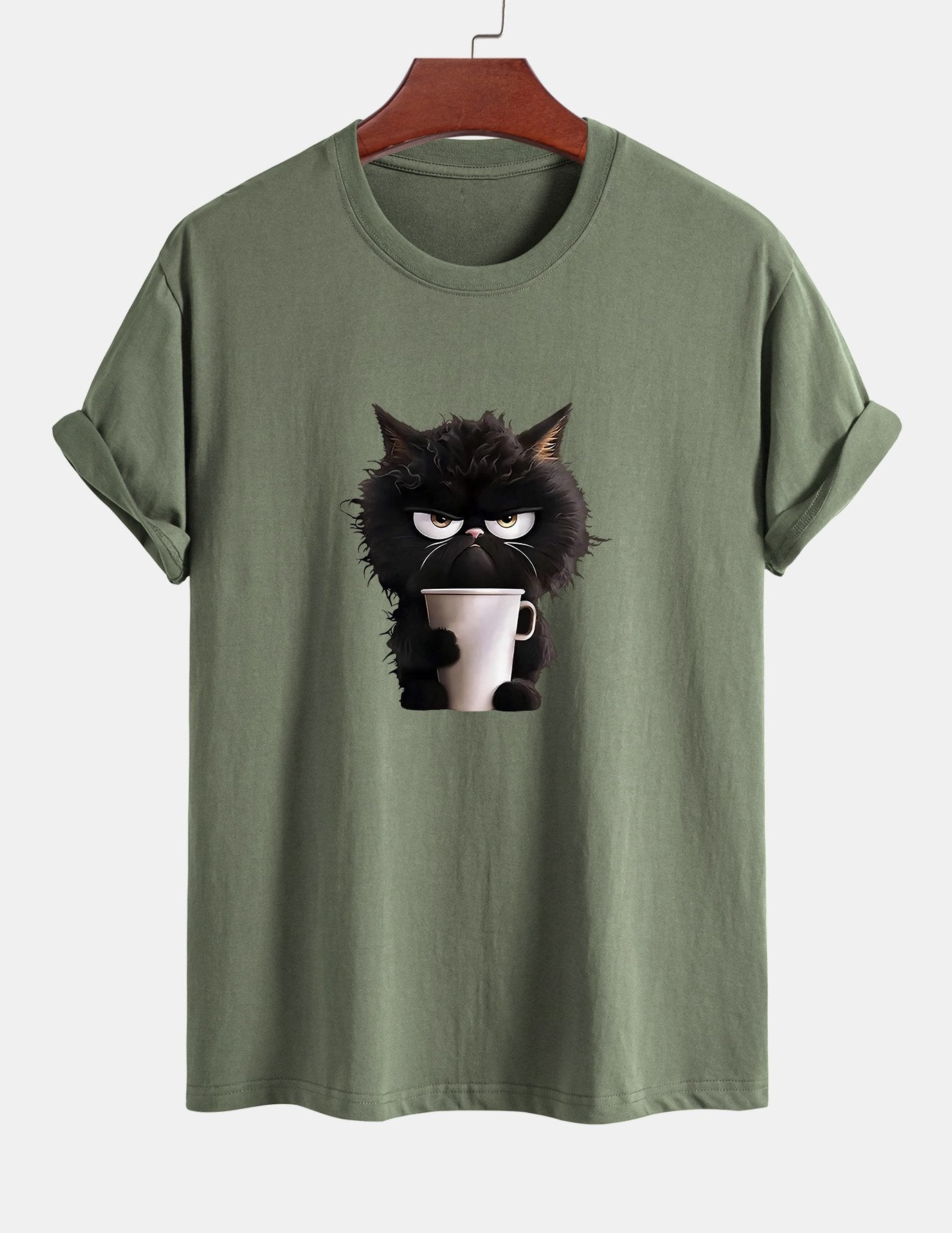 Regular Fit Black Cat Drinking Coffee Print Cotton T-Shirt