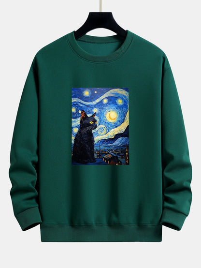 Starry Sky Cat Print Relax Fit Sweatshirt