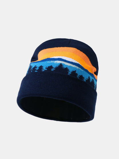 Sunset Forest Jacquard Pattern Curled Edge Warm Knitted Hat