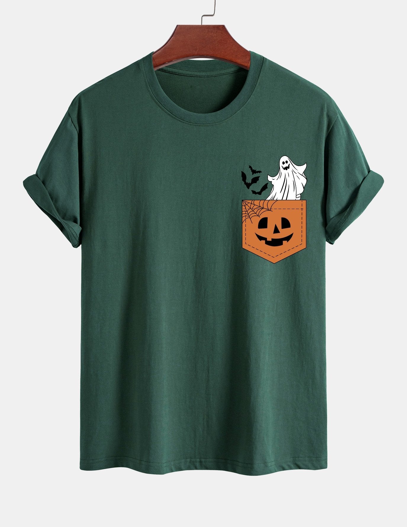 Regular Fit Pocket Pumpkin Ghost Print Cotton T-Shirt