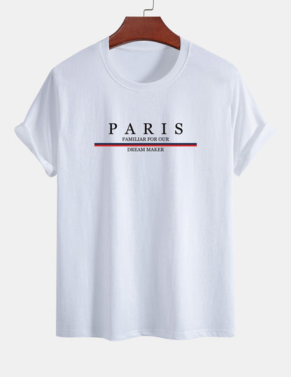 Regular Fit Stripe Paris Slogan Print Cotton T-Shirt