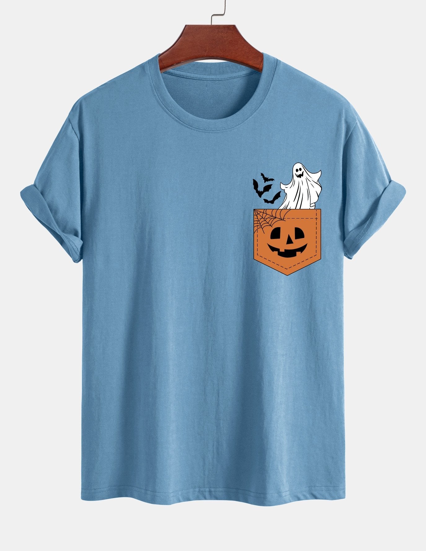 Regular Fit Pocket Pumpkin Ghost Print Cotton T-Shirt