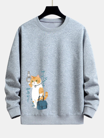 Office Worker Cat Print Relax Fit Sweatshirt