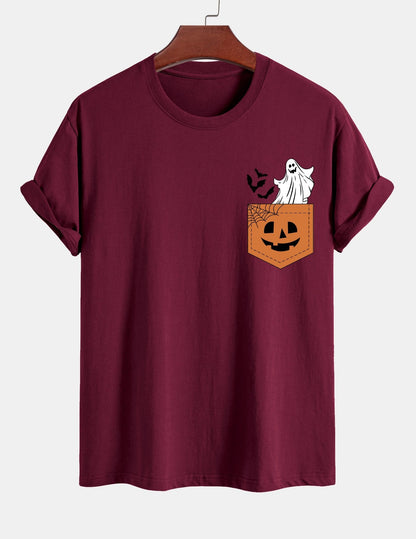 Regular Fit Pocket Pumpkin Ghost Print Cotton T-Shirt