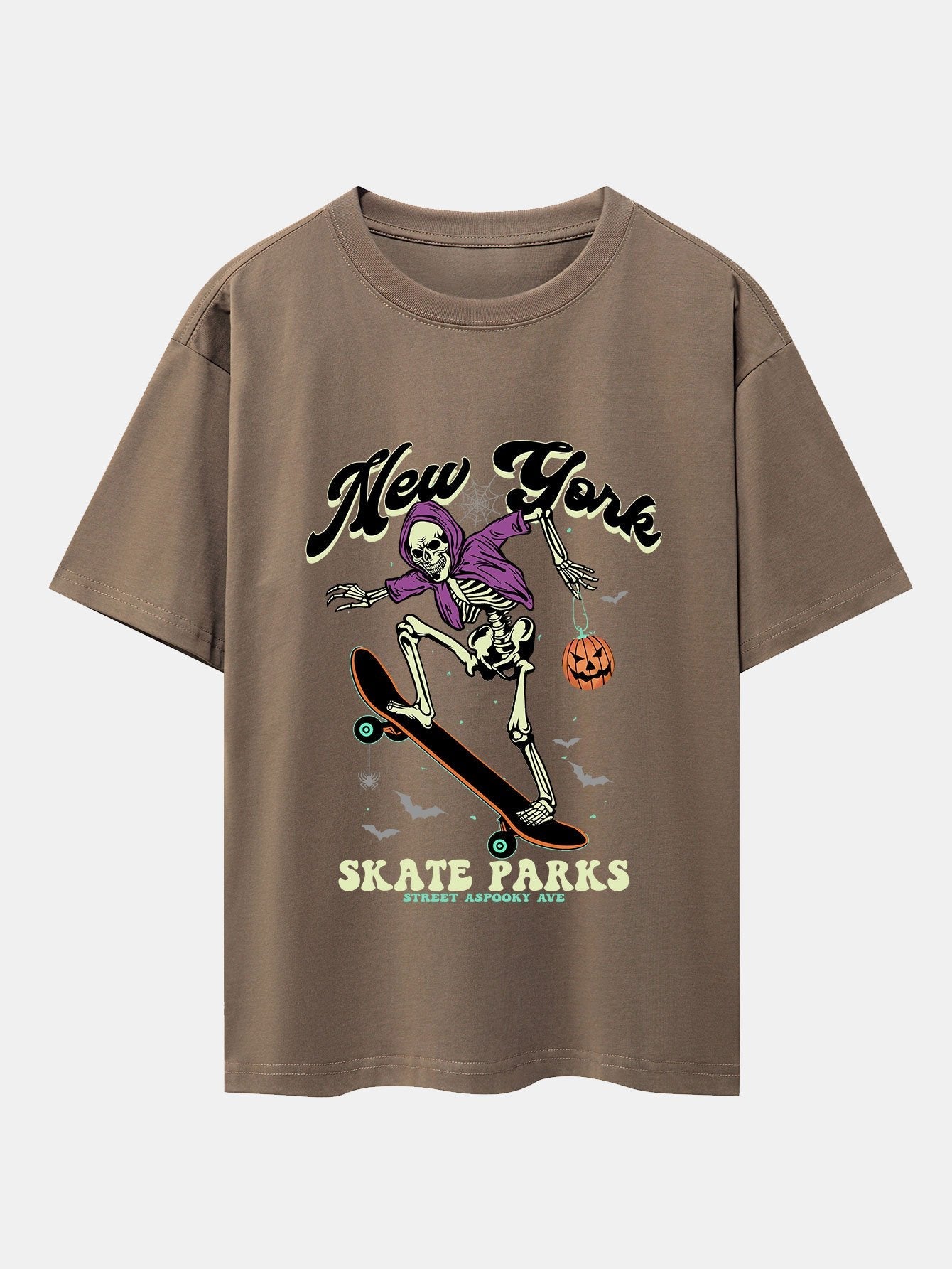 Halloween Skateboard Skeleton Print Drop Shoulder Oversize T-Shirt