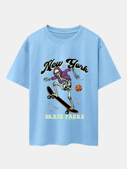 Halloween Skateboard Skeleton Print Drop Shoulder Oversize T-Shirt