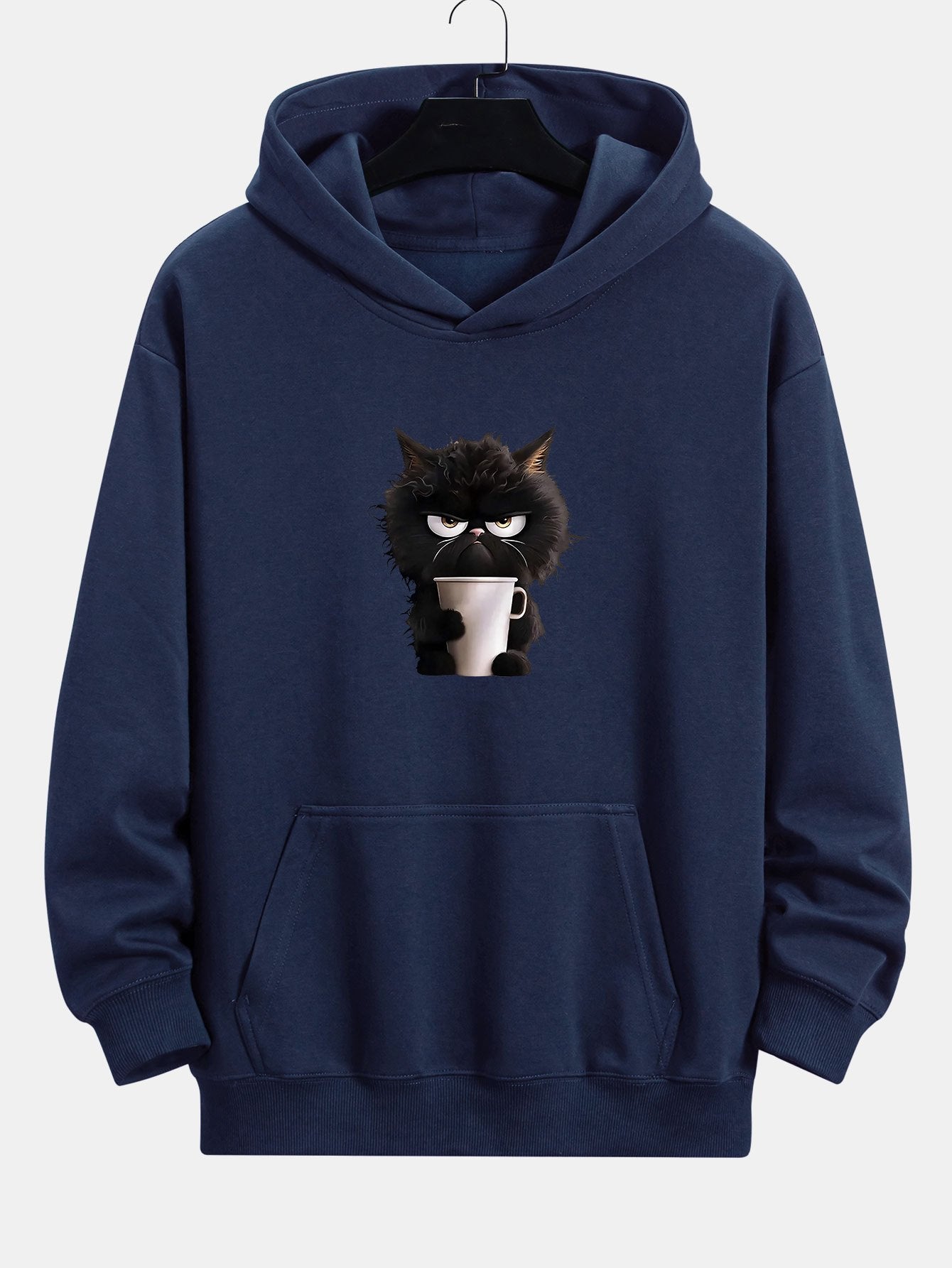 Black Cat Drinking Coffee Print Relax Fit Hoodie