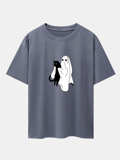 Ghost Black Cat Print Drop Shoulder Oversize T-Shirt