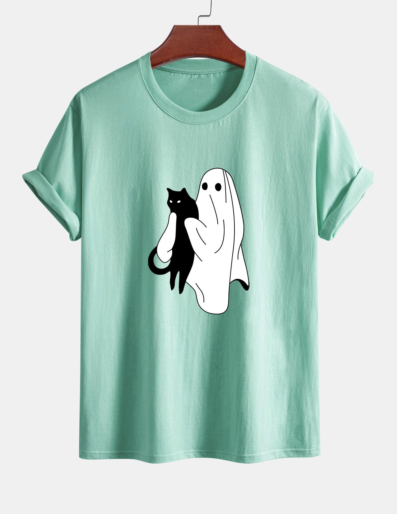 Regular Fit Ghost Black Cat Print Cotton T-Shirt