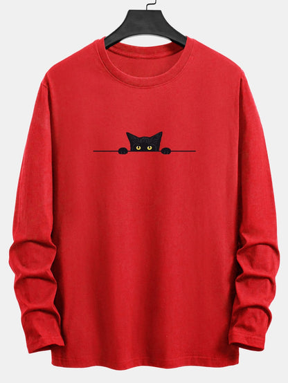 Long Sleeve Black Cat Print Cotton T-Shirt