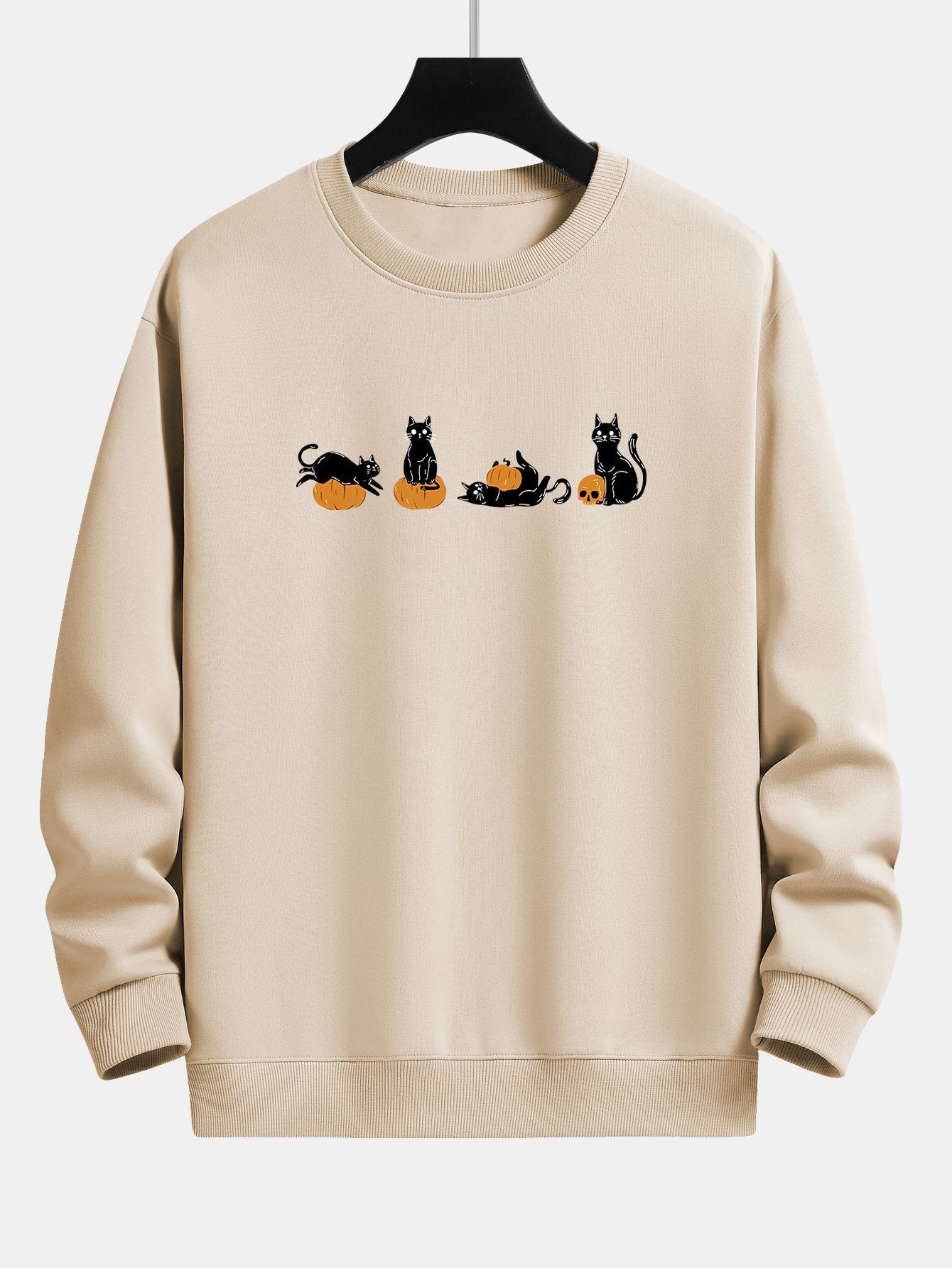 Halloween Pumpkin Black Cat Print Relax Fit Sweatshirt