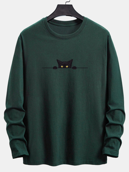 Long Sleeve Black Cat Print Cotton T-Shirt