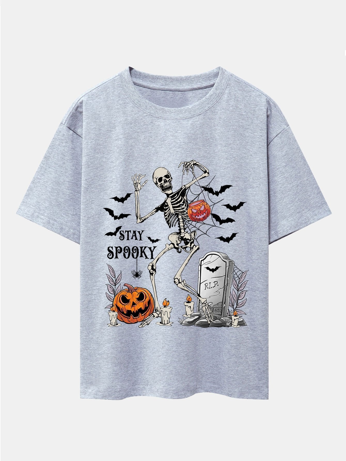 Halloween Skeleton Stay Spooky Print Drop Shoulder Oversize T-Shirt