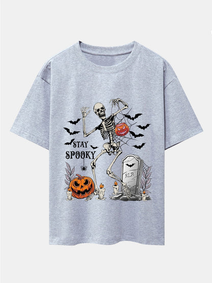 Halloween Skeleton Stay Spooky Print Drop Shoulder Oversize T-Shirt