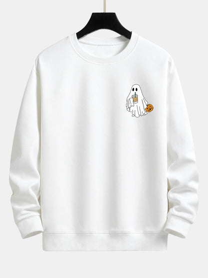 Pumpkin Ghost Drinking Milk Tea Print Relax Fit Sweatshirt