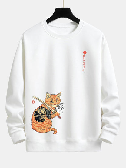 Samurai Warrior Cat Print Relax Fit Sweatshirt