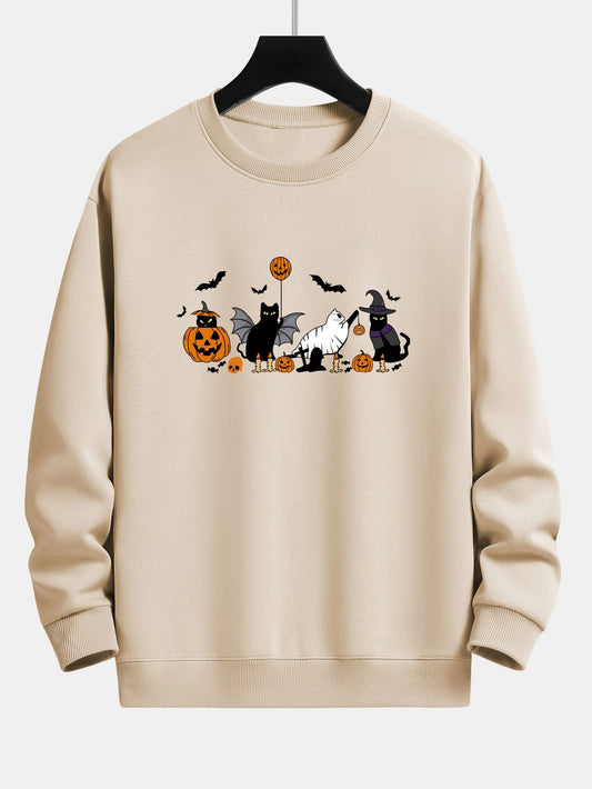 Halloween Pumpkin Black Cat Print Relax Fit Sweatshirt