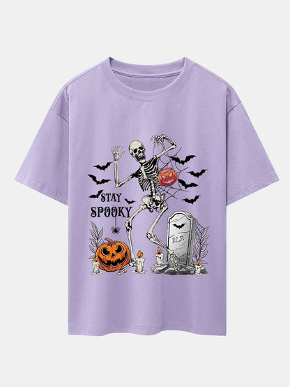 Halloween Skeleton Stay Spooky Print Drop Shoulder Oversize T-Shirt