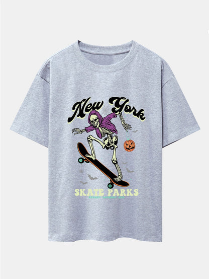 Halloween Skateboard Skeleton Print Drop Shoulder Oversize T-Shirt