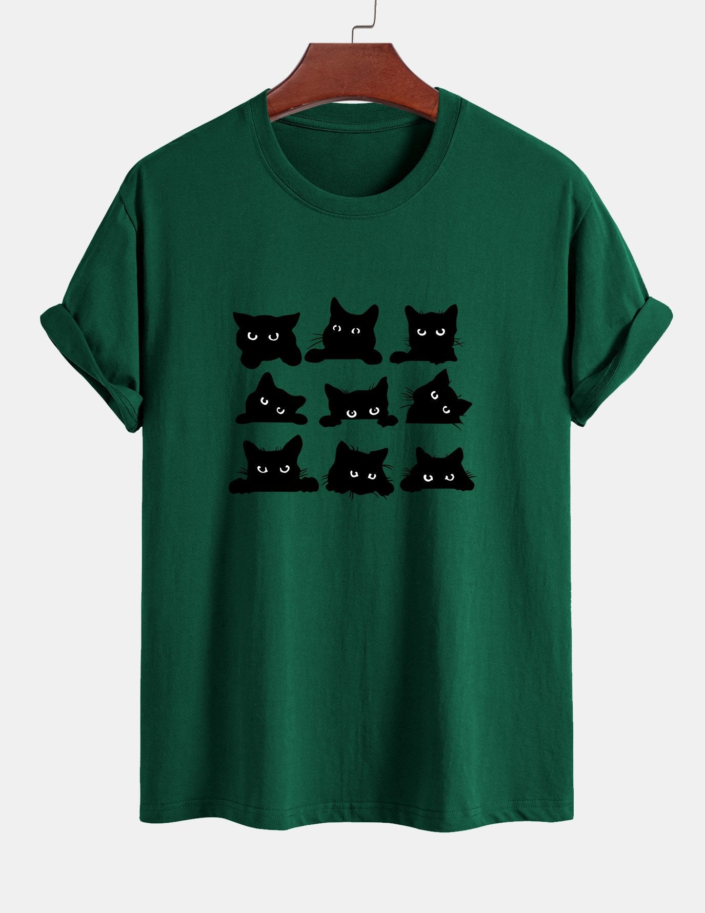 Regular Fit Black Cat Staring Print Cotton T-Shirt