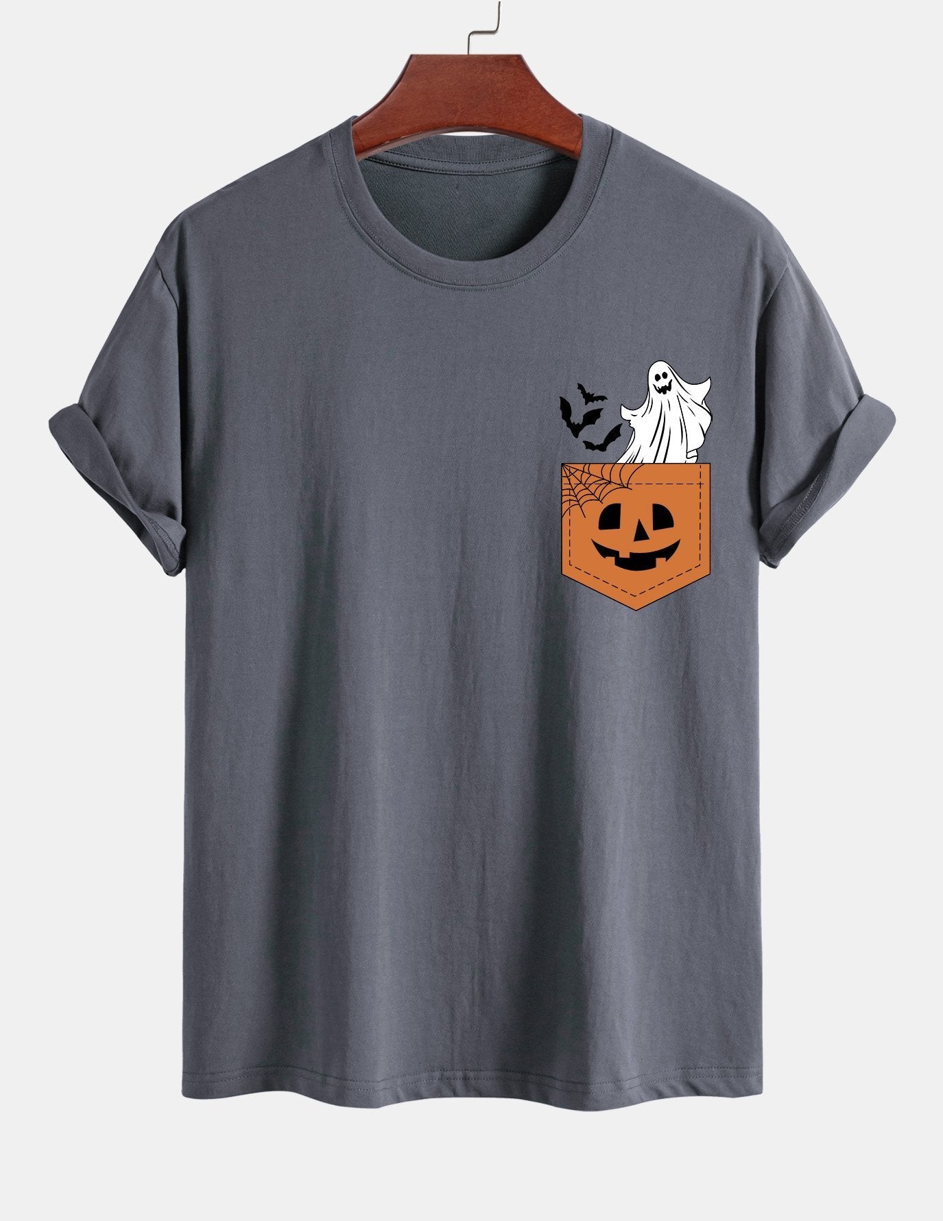 Regular Fit Pocket Pumpkin Ghost Print Cotton T-Shirt