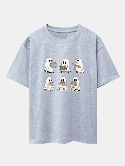 Ghost Reading Book Print Drop Shoulder Oversize T-Shirt