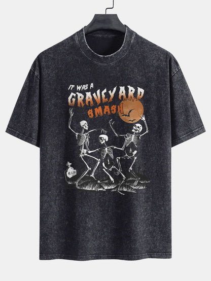 Halloween Dancing Skeleton Print Washed Distressed Drop Shoulder T-Shirt