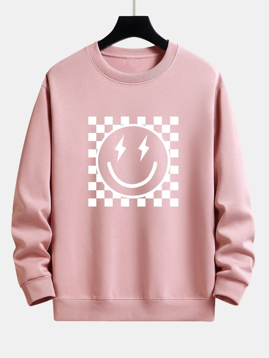 Chessboard Smiley Face Print Relax Fit Sweatshirt