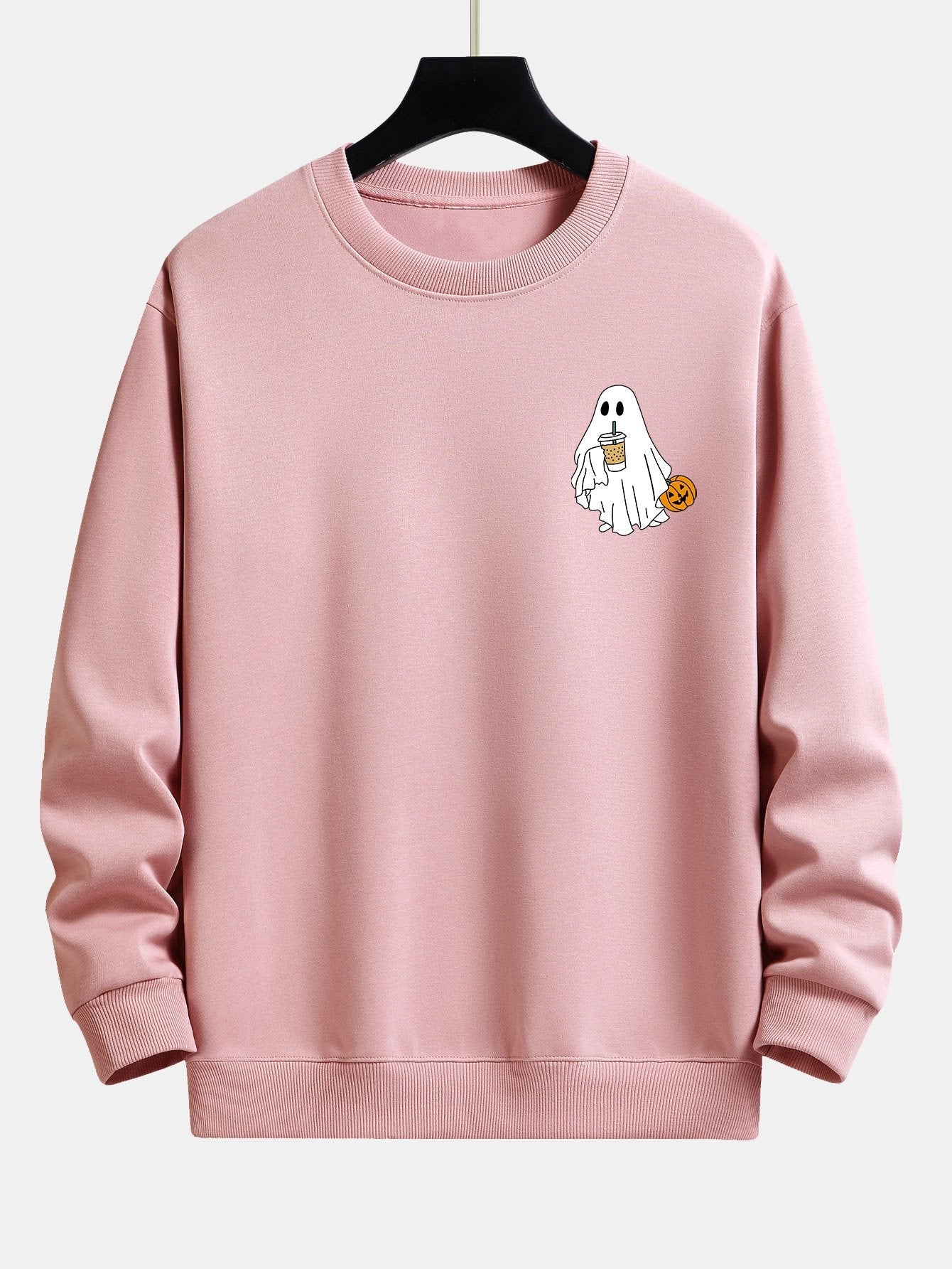 Pumpkin Ghost Drinking Milk Tea Print Relax Fit Sweatshirt