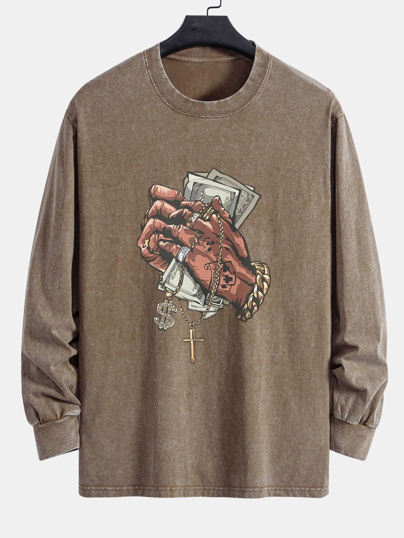 Hand Holding Cash Print Relax Fit Long Sleeve Washed Distressed T-Shirt