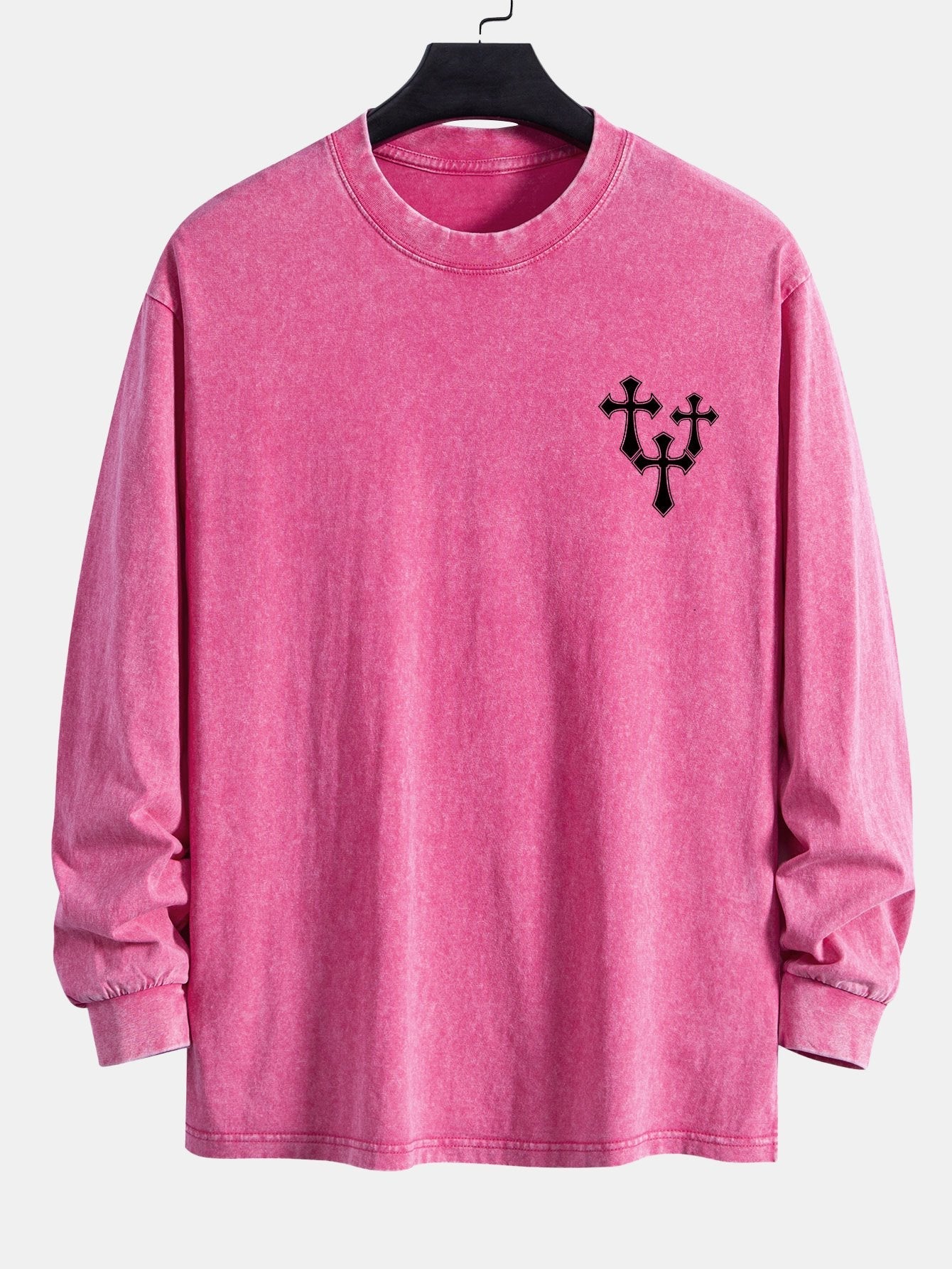 Cross Print Relax Fit Long Sleeve Washed Distressed T-Shirt