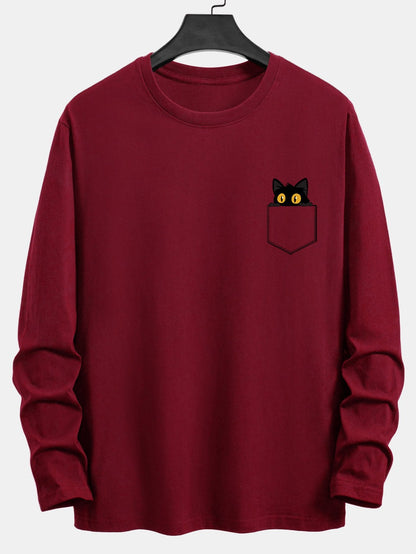 Long Sleeve Pocket Black Cat Print Cotton T-Shirt