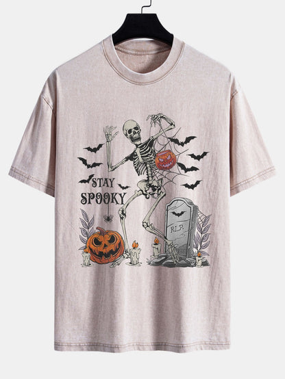 Halloween Skeleton Stay Spooky Print Washed Distressed Drop Shoulder T-Shirt